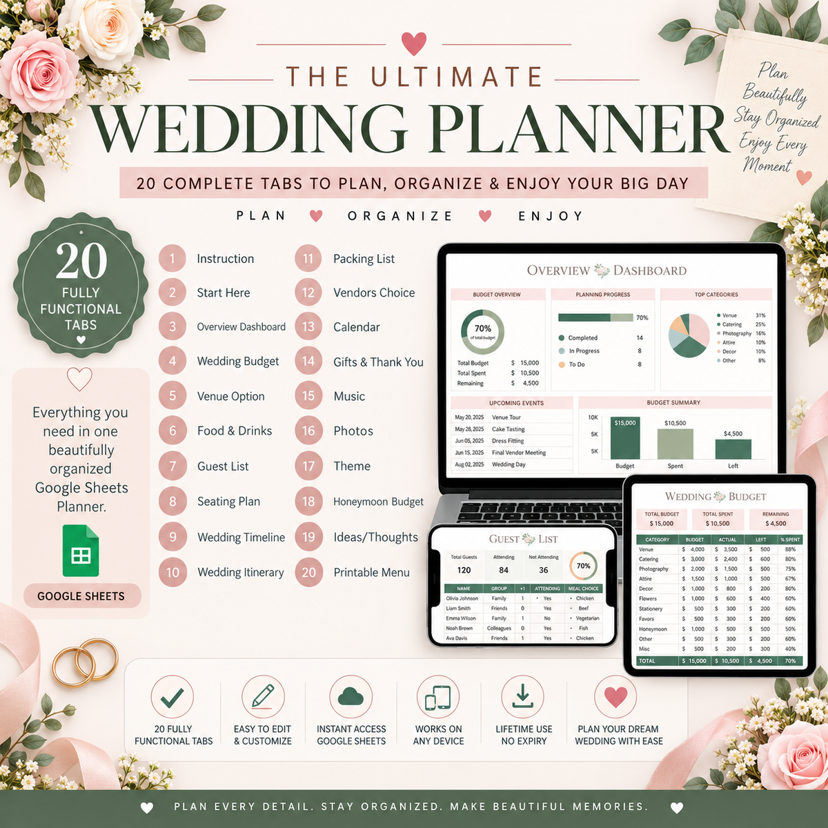Wedding Planner Spreadsheet - Budget, Guests, Seating, Vendors & More
