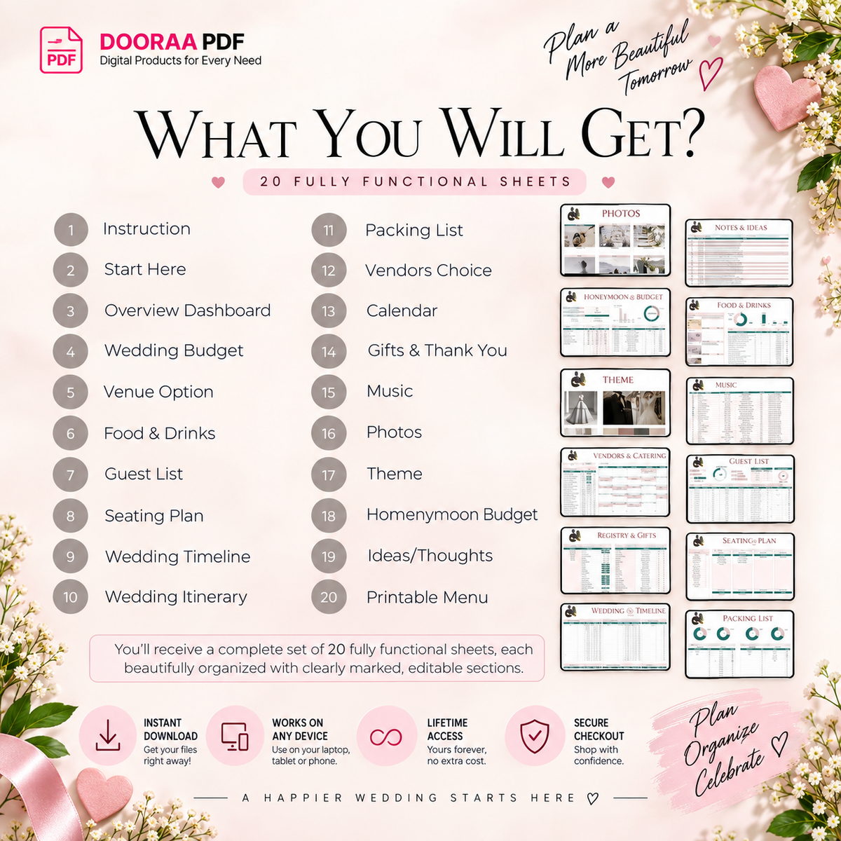 Wedding Planner Spreadsheet - Budget, Guests, Seating, Vendors & More
