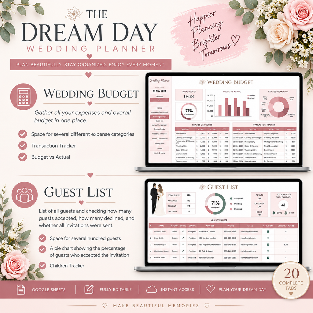 Wedding Planner Spreadsheet - Budget, Guests, Seating, Vendors & More