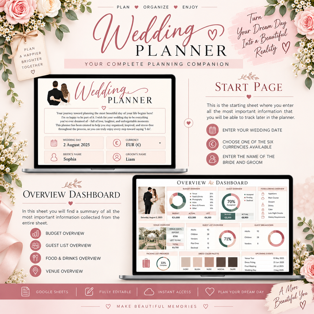 Wedding Planner Spreadsheet - Budget, Guests, Seating, Vendors & More