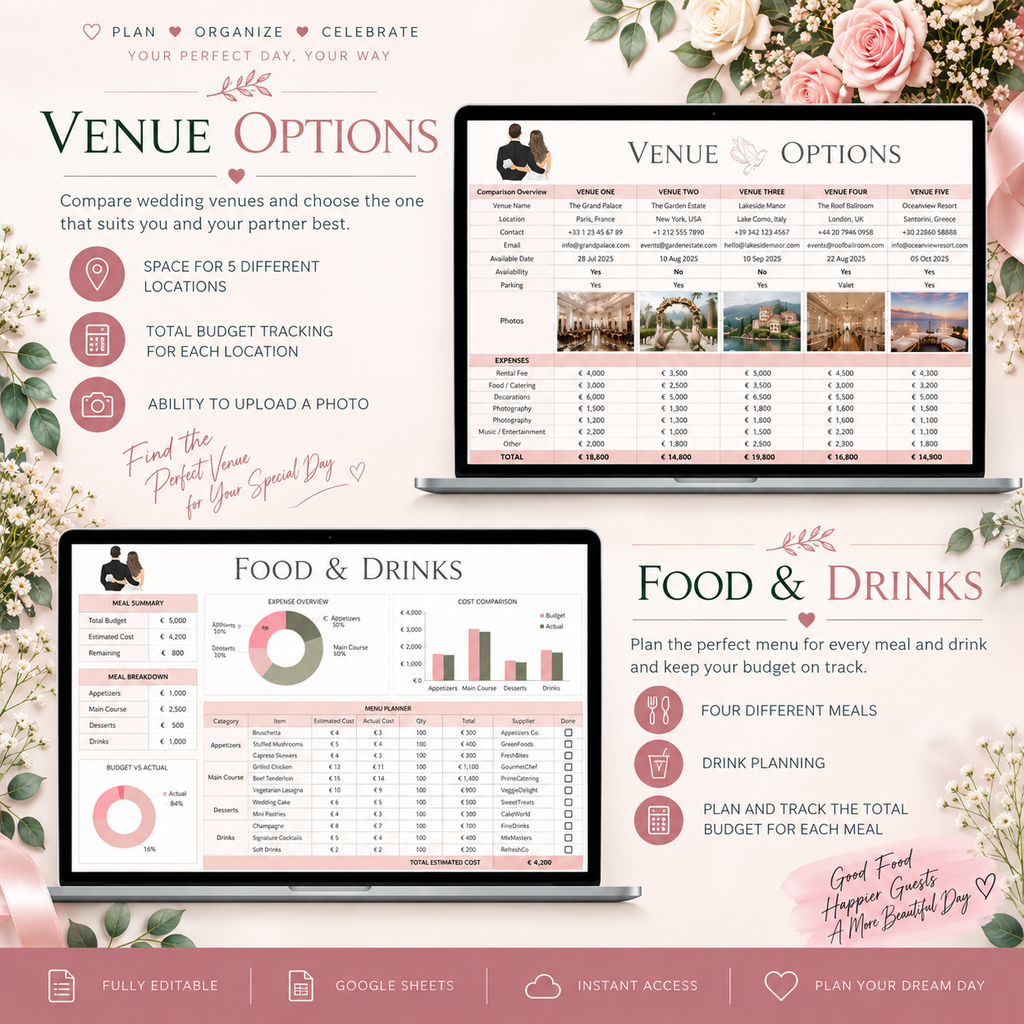 Wedding Planner Spreadsheet - Budget, Guests, Seating, Vendors & More