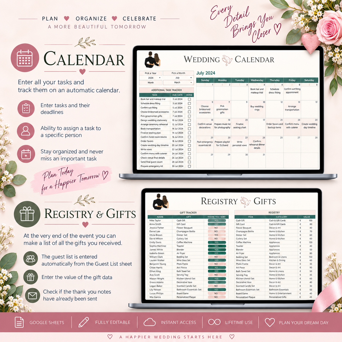 Wedding Planner Spreadsheet - Budget, Guests, Seating, Vendors & More