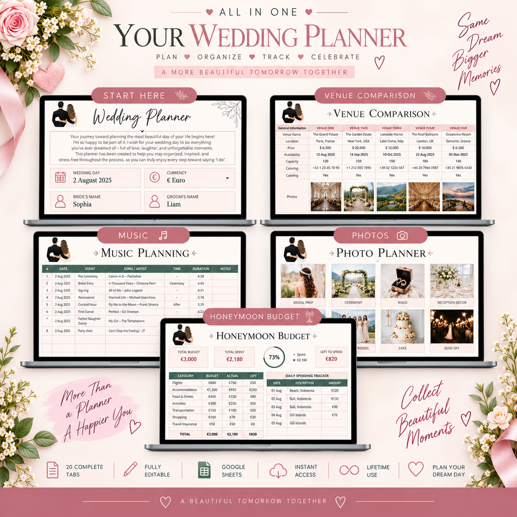 Wedding Planner Spreadsheet - Budget, Guests, Seating, Vendors & More