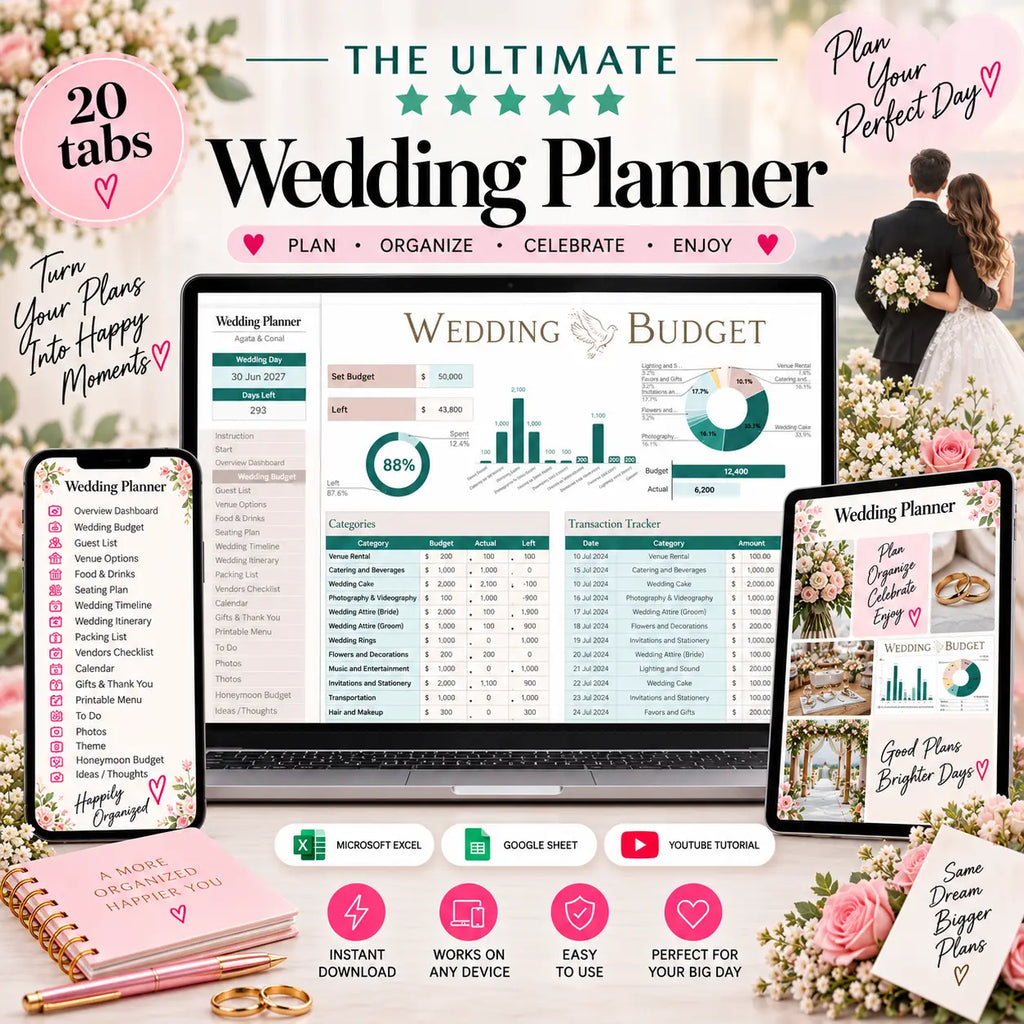 Wedding Planner Spreadsheet - Budget, Guests, Seating, Vendors & More