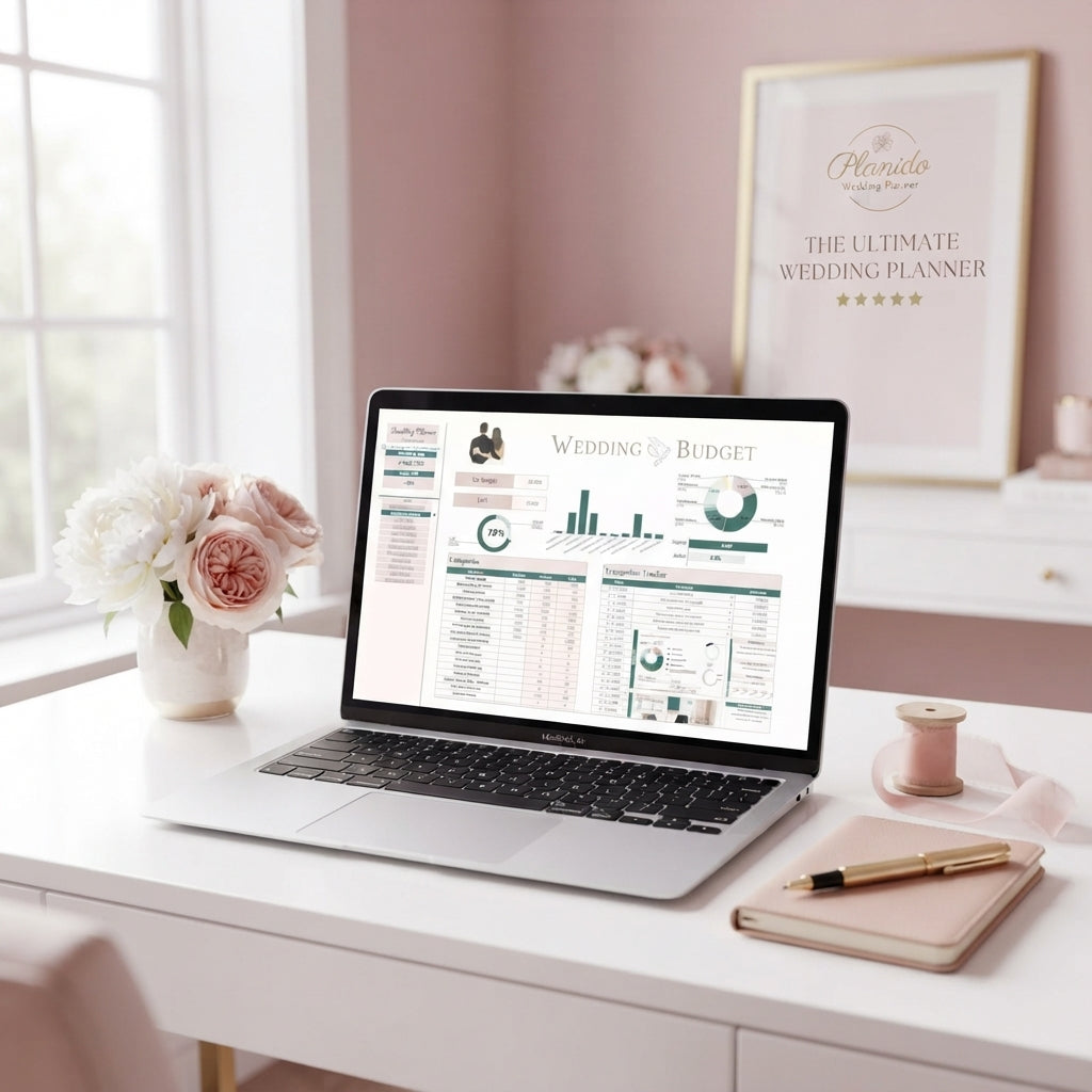 A laptop displaying a wedding planning spreadsheet on a white desk decorated with blush pink ribbons, flowers, and elegant st